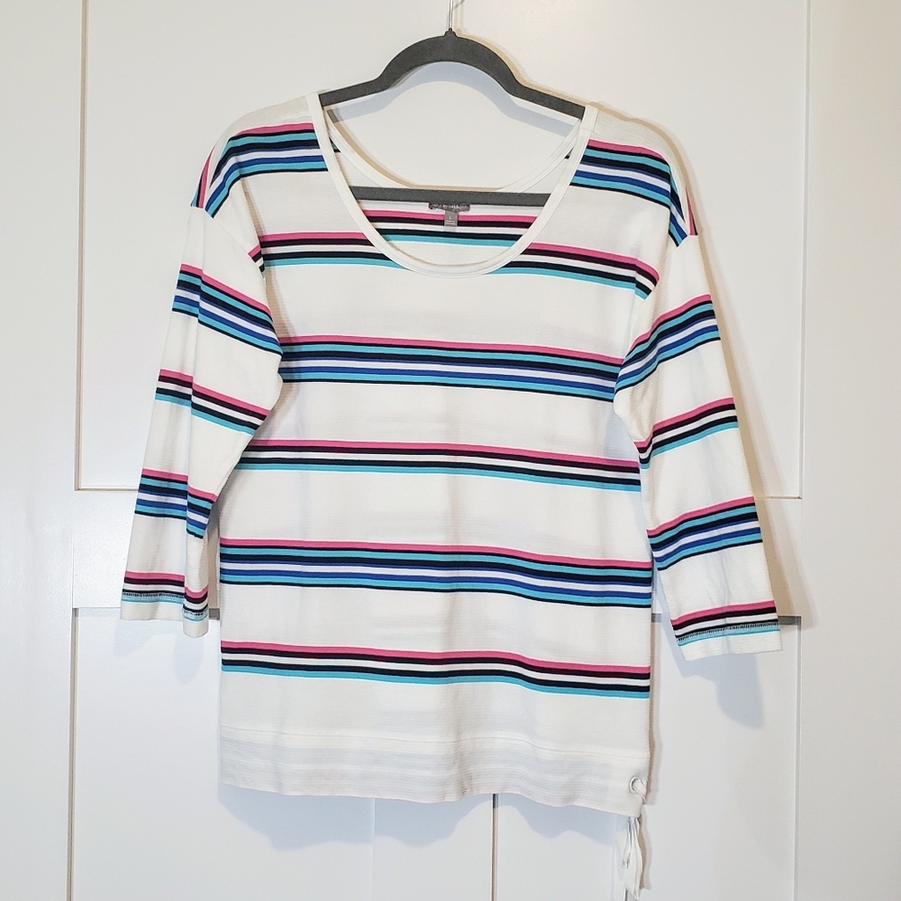 T By Talbots White W/Multicolored Stripes Knit Top 3/4 Sleeves Tie Bottom Large